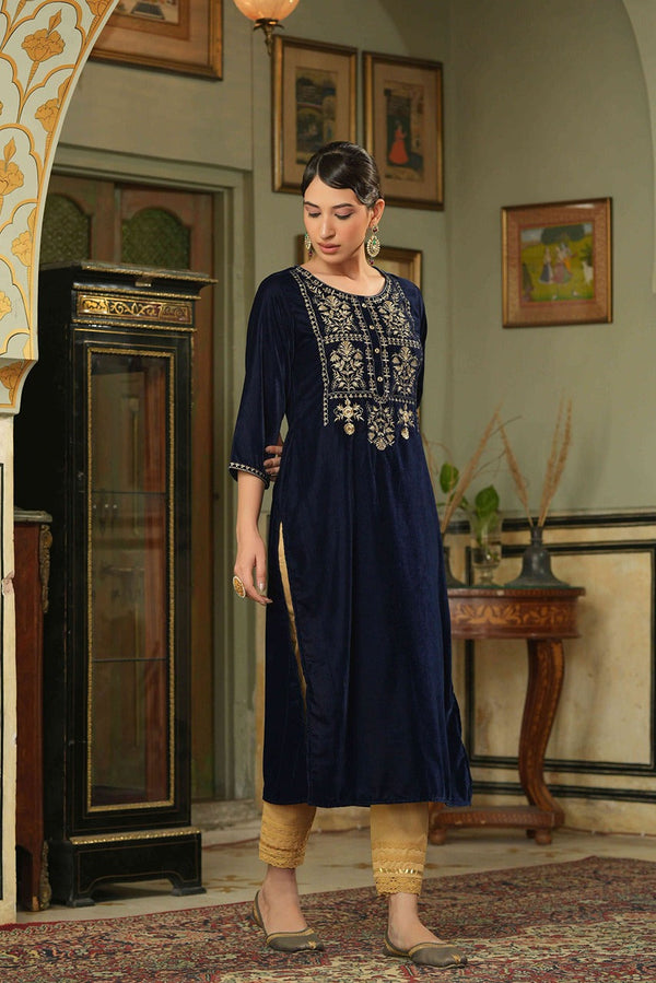 Women's  Navy Velvet Festive Solid Straight Kurta For Women - Juniper