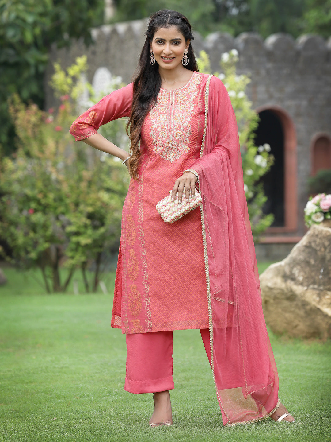 Women's Pink Chanderi Festive Embroidered Placement Printed Straight Kurta Set - Juniper