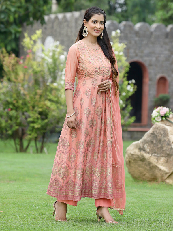 Women's Peach Chanderi Festive Embroidered Floral Print Flared Kurta Set - Juniper