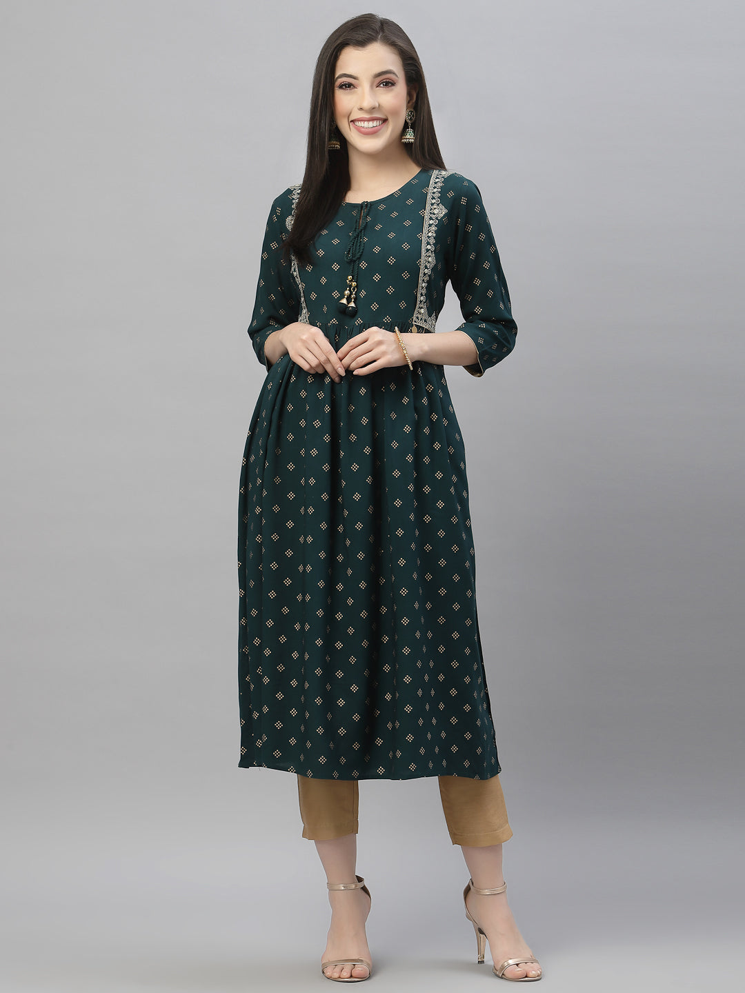 Women's Green Rayon Festive Wear Embroidered Flared Kurta - Juniper