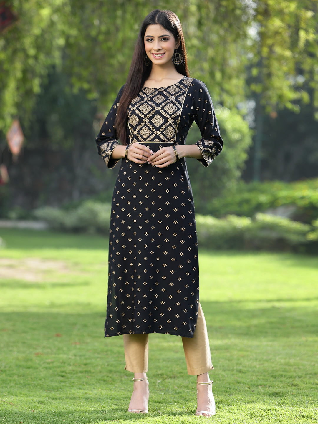 Women's Black Rayon Festive Wear Embroidered Flared Kurta - Juniper