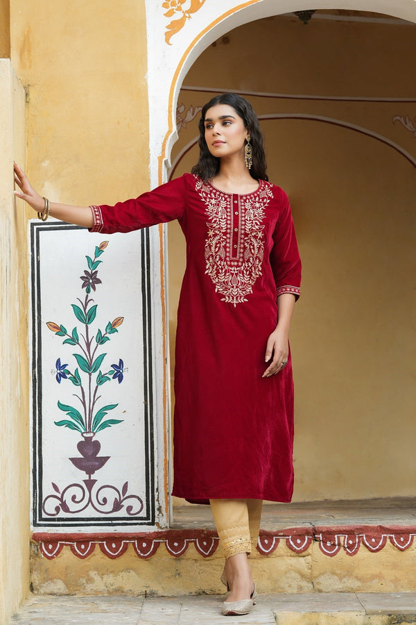 Jashvi Maroon Ethnic Motif Printed Velvet Straight Kurta With Zari Work Embroidery