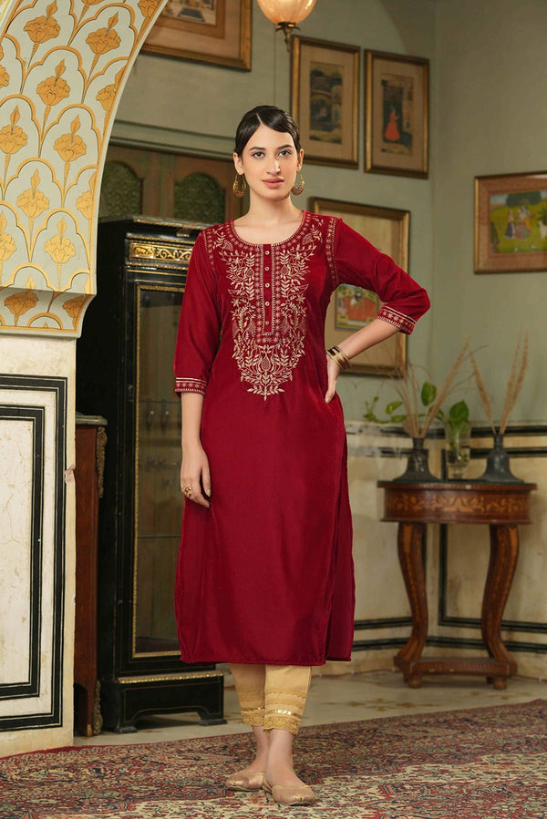 Women's Maroon Velvet Festive Solid Straight Kurta - Juniper