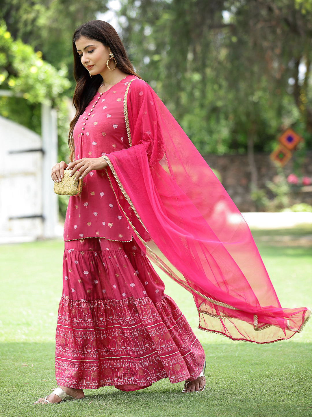 Women's Fuchsia Mono Viscose Festive Embroidered Printed Straight Kurta Sharara Dupatta Set - Juniper