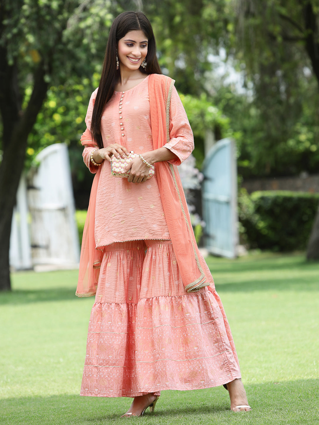 Women's Peach Mono Viscose Festive Embroidered Printed Straight Kurta Sharara Dupatta Set - Juniper