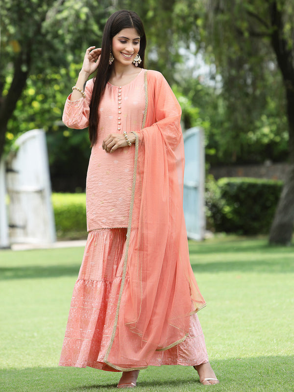 Jashvi Peach Ethnic Motif Printed Viscose Muslin Kurta Sharara & Net Dupatta Set.