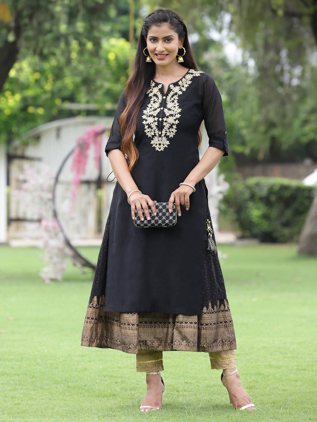 Women's Black Chanderi Festive Embroidered + Printed Straight/Flared Kurta - Juniper