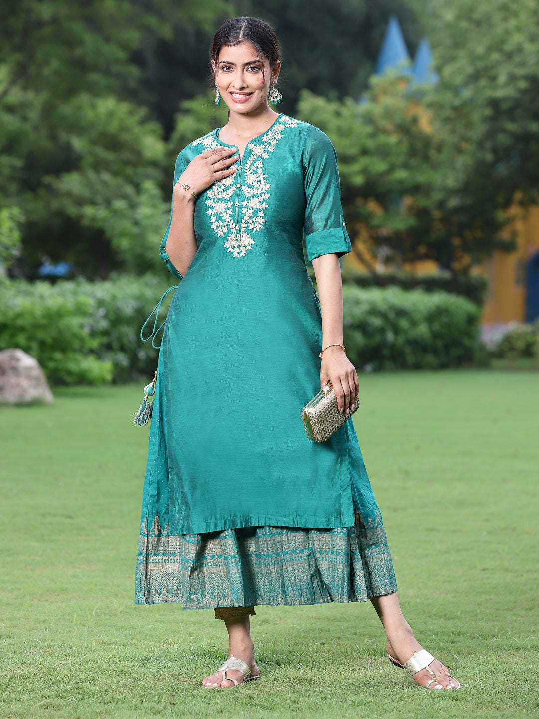 Women's Bottle Green Chanderi Festive Embroidered + Printed Straight/Flared Kurta - Juniper