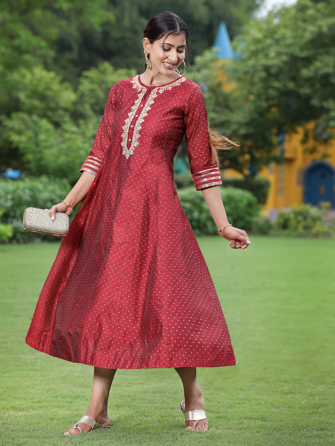 Women's Maroon Chanderi Festive Embroidered + Polka Dot Printed Flared Kurta - Juniper