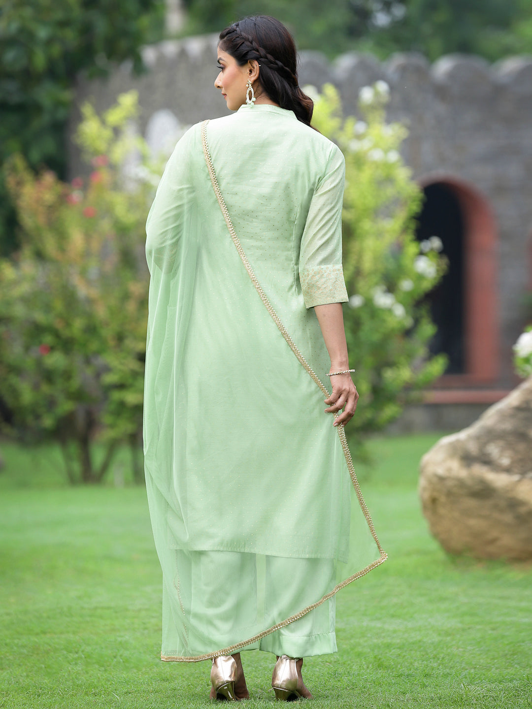 Women's Mint Green Chanderi Festive Embroidered Polka Dot Printed A-Line Kurta Set - Juniper