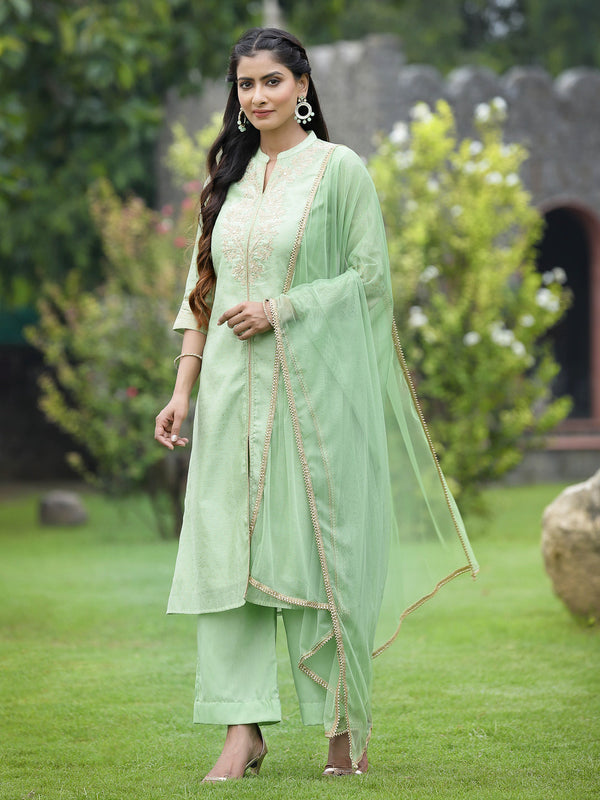 Women's Mint Green Chanderi Festive Embroidered Polka Dot Printed A-Line Kurta Set - Juniper