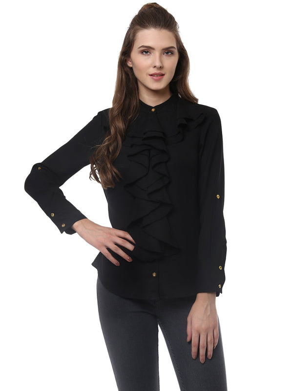 Women's Black Polyester Ruffle Top - StyleStone