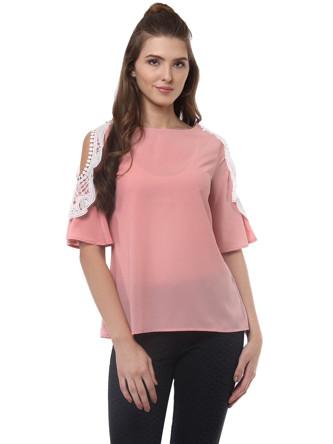 Women's Pink Polyester Top With Lace On The Shoulder - Stylestone