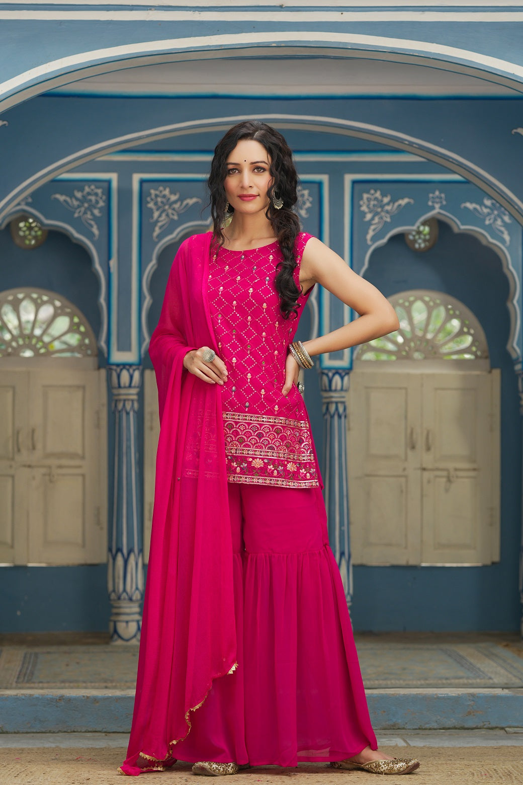 Women's Fuchsia Georgette Embroidered Kurta, Sharara & Dupatta Set - Juniper