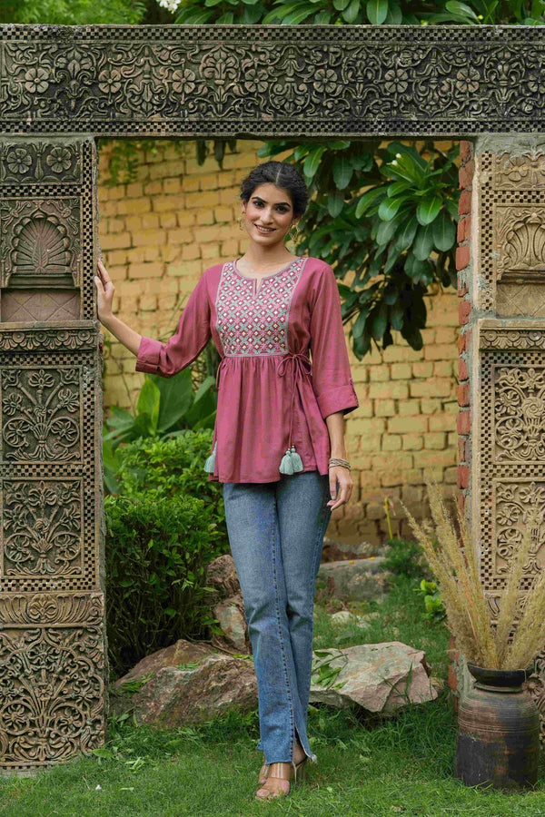 Women's  Onion Pink Rayon Festive Embroidered A-Line Tunic For Women - Juniper