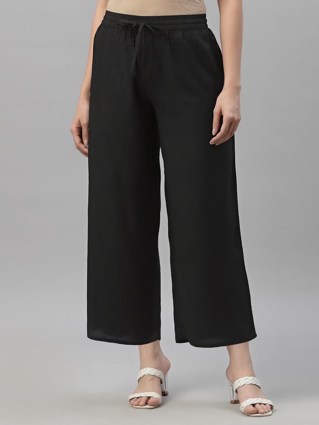 Women's Black Rayon Straight Solid Pant/Slim Pant - Juniper