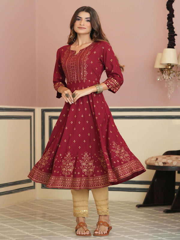 Jashvi Maroon Ethnic Motif Printed  Rayon Kurta with Sequins