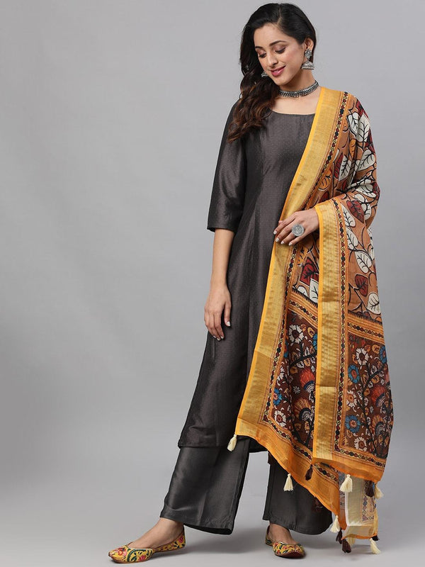 Women's  Black & Mustard Yellow Self Design Kurta with Trousers & Dupatta - AKS