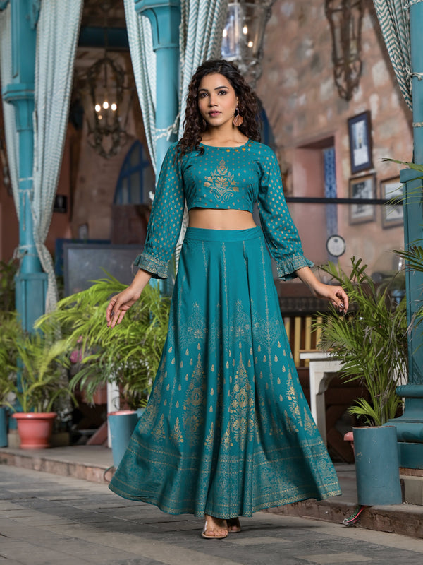 Teal Ethnic Motif Printed Liva Rayon Lehnga & Choli Set With Coins & Beads