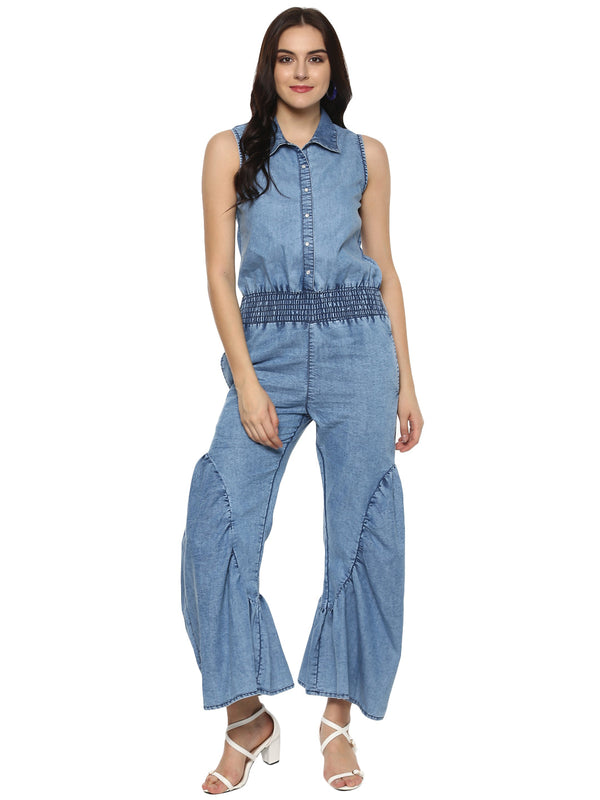 Women's Denim Ruffle Pants Jumpsuit - StyleStone