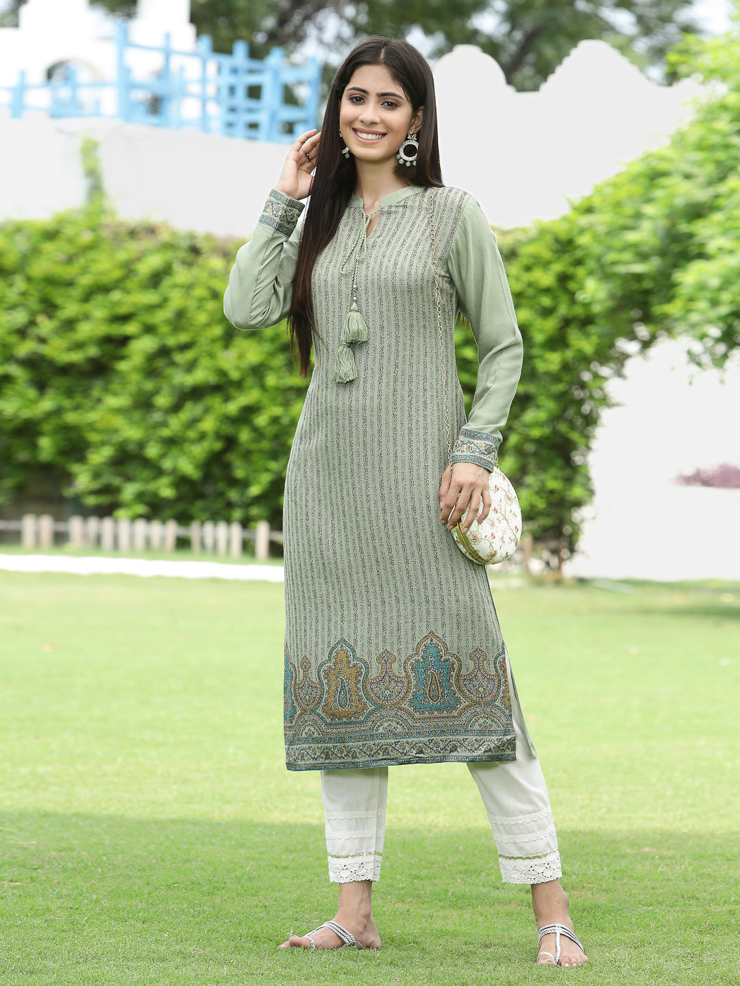 Women's Acrylyc Viscose Jaquard Knit Green Printed Straight Festive Kurta - Juniper