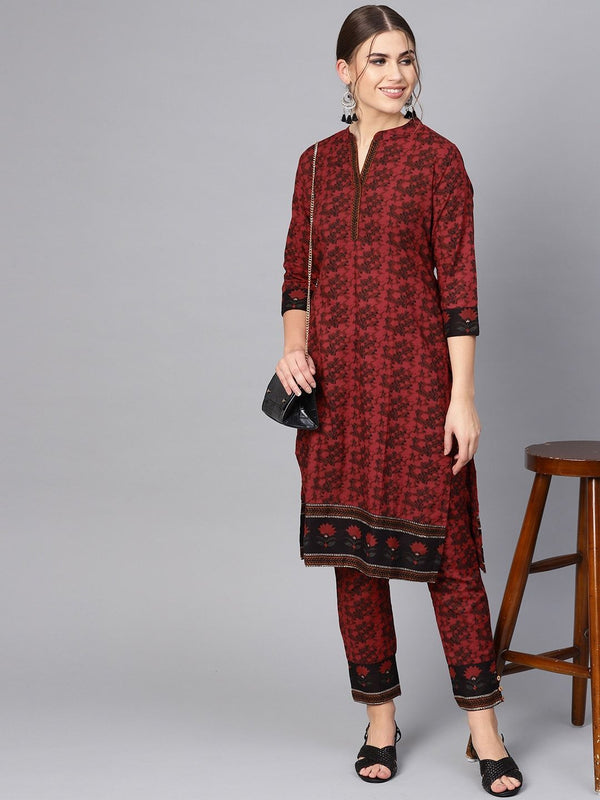 Women's  Maroon & Black Printed Kurta with Trousers - AKS