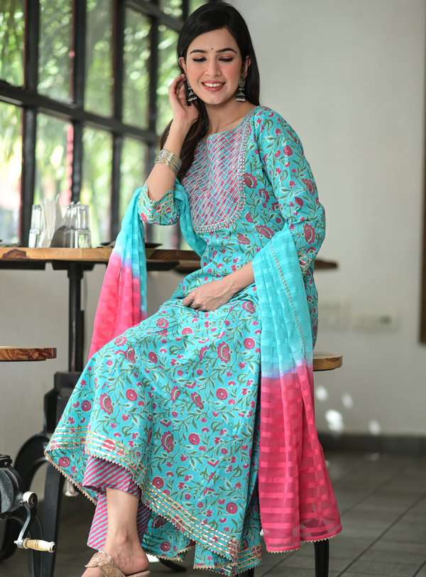 Women's Blue Handblock Dupatta Set - Yufta