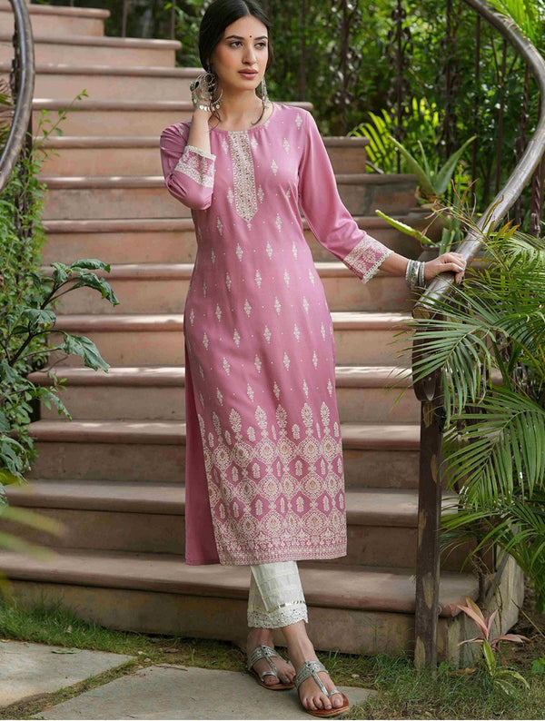 Women's Baby Pink Embellished Daily Wear Cotton Blend Kurta - Cheera