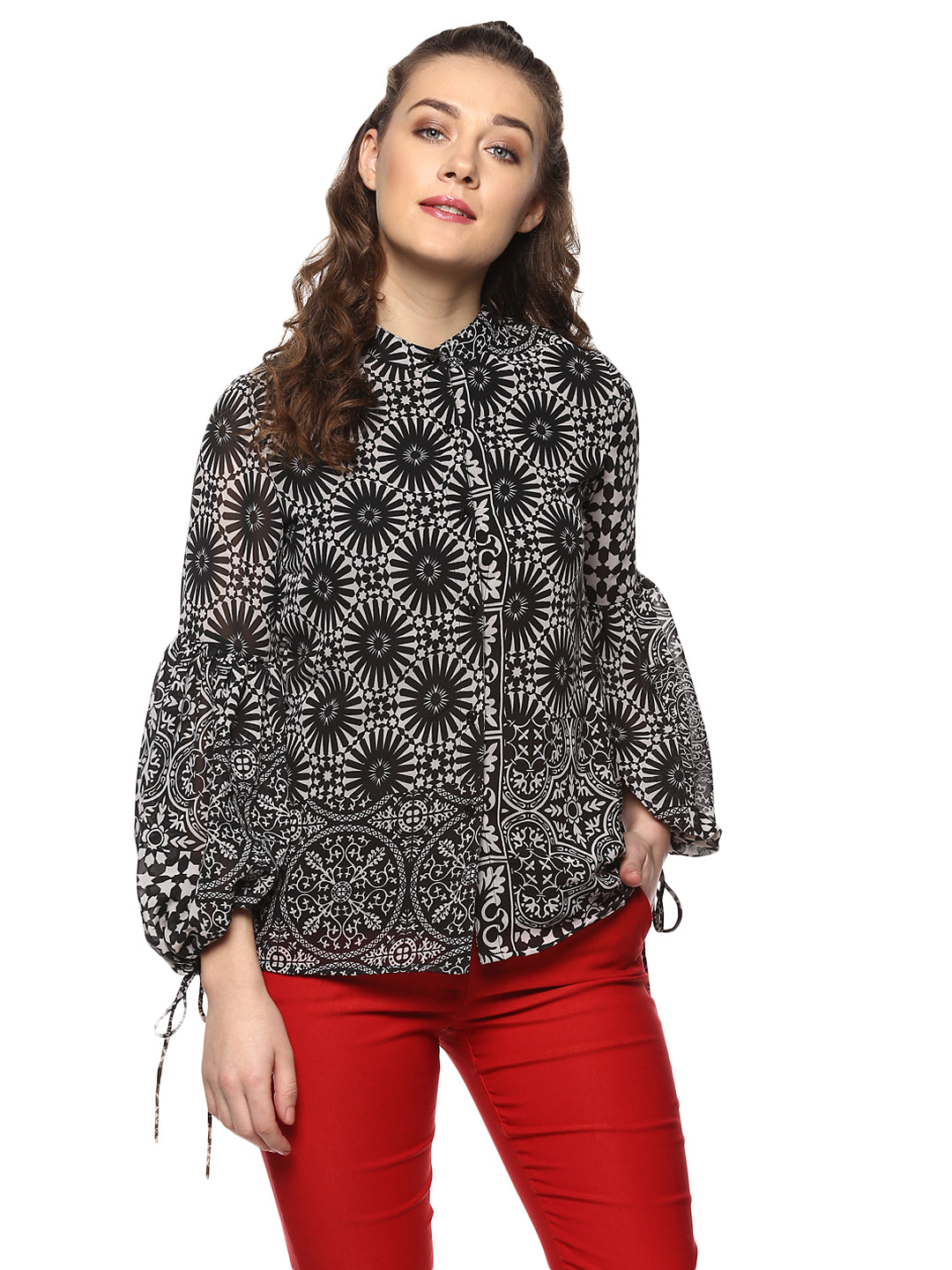 Women's Black Circular Printed Top With Sleeve Tie Up - Stylestone