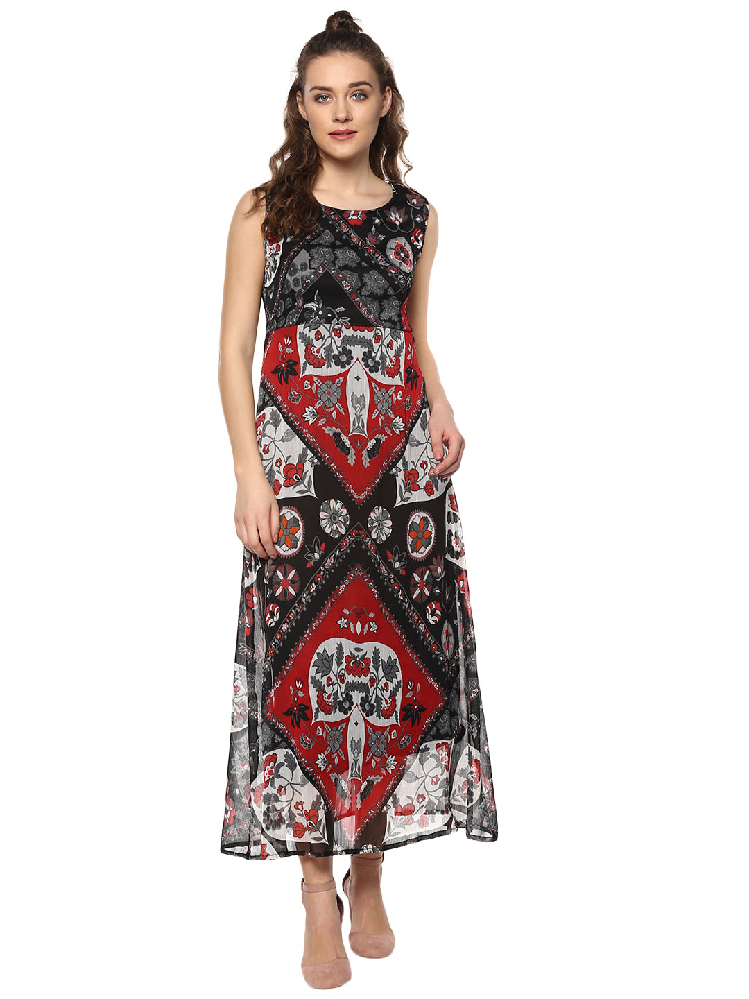 Women's Black And Red Printed Maxi Dress - Stylestone