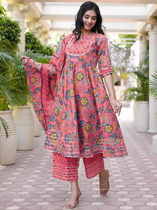 Pink Printed Cotton Anarkali Kurta With Palazzos & Dupatta - Jashvi