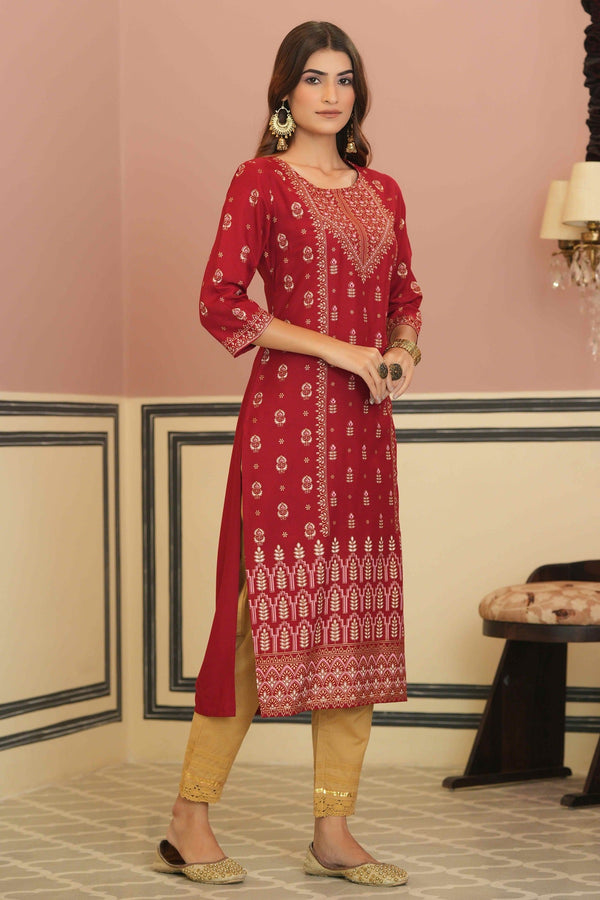 Women's  Maroon Rayon Foil Printed Kurta  - Juniper