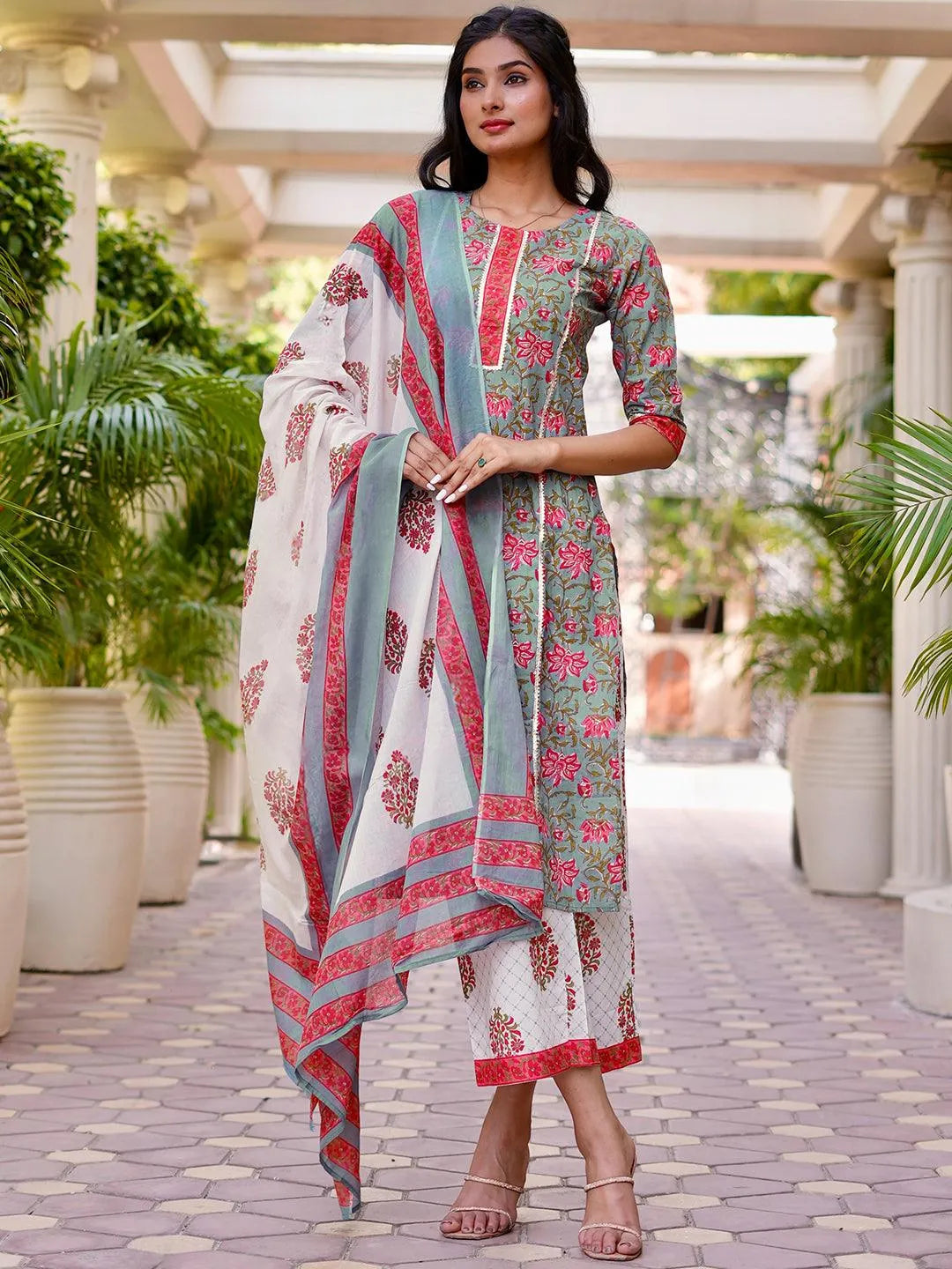 Grey Printed Cotton Straight Kurta With Palazzos & Dupatta - Jashvi