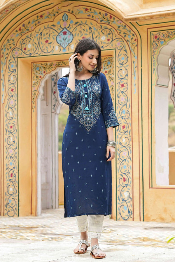 Women's  Blue Rayon Placement Printed Straight Kurta  - Juniper