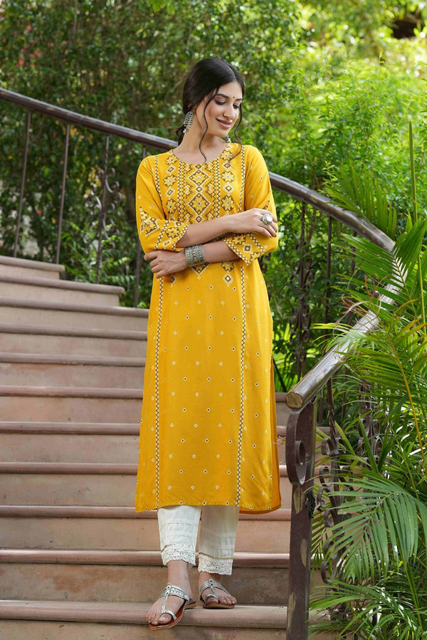 Women's  Mustard Rayon Cross Sttitch Printed Kurta  - Juniper