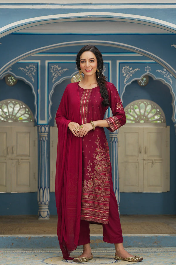 Jashvi Maroon Ethnic Motif Printed Shantoon Kurta Pants & Chiffon Dupatta Set.