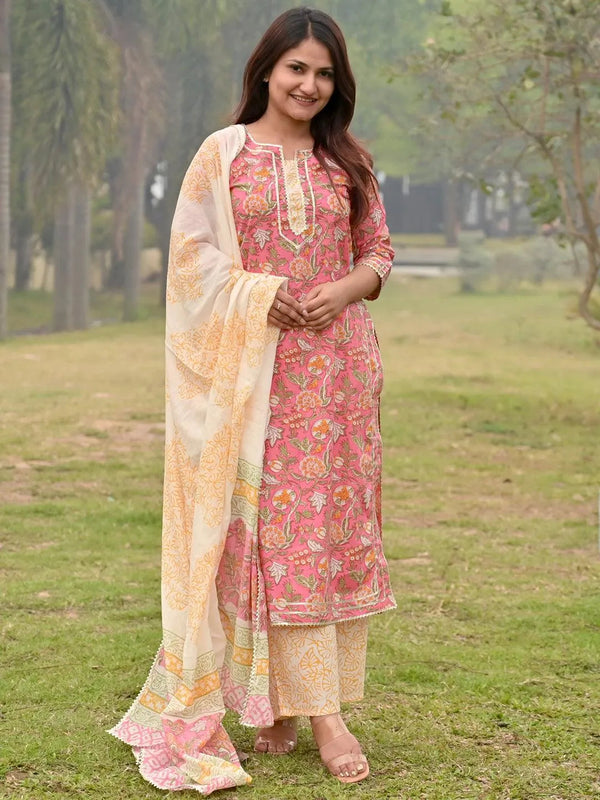 Pink Printed Cotton Straight Kurta With Palazzos & Dupatta - Jashvi