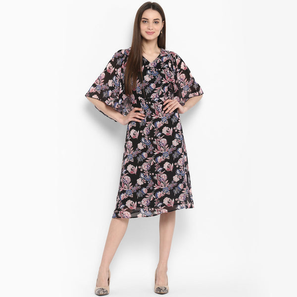 Women's Black Floral Dress with attached Shrug - StyleStone