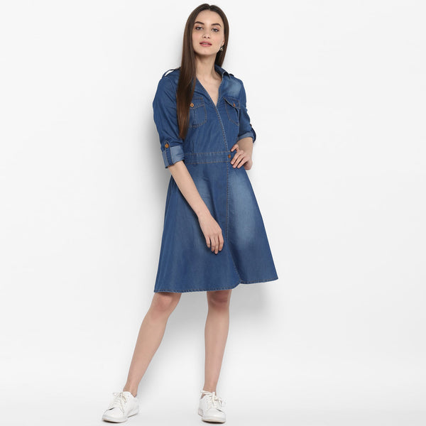 Women's Denim Knee Length Dress with Buttons - StyleStone