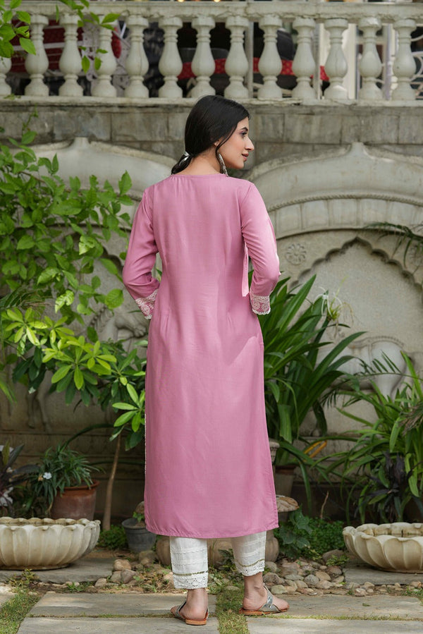 Women's  Onion Pink Rayon Placement Kurta - Juniper