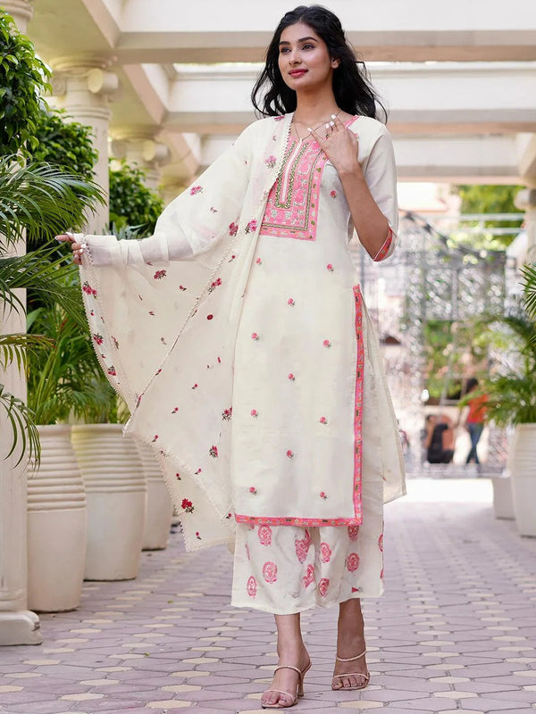 Off-White Yoke Design Cotton Straight Kurta With Palazzos & Dupatta - Jashvi