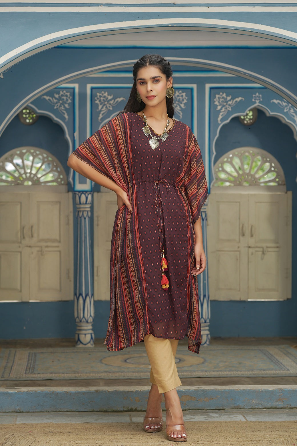 Women's Brown Georgette Festive Printed Straight Kaftan For Women - Juniper