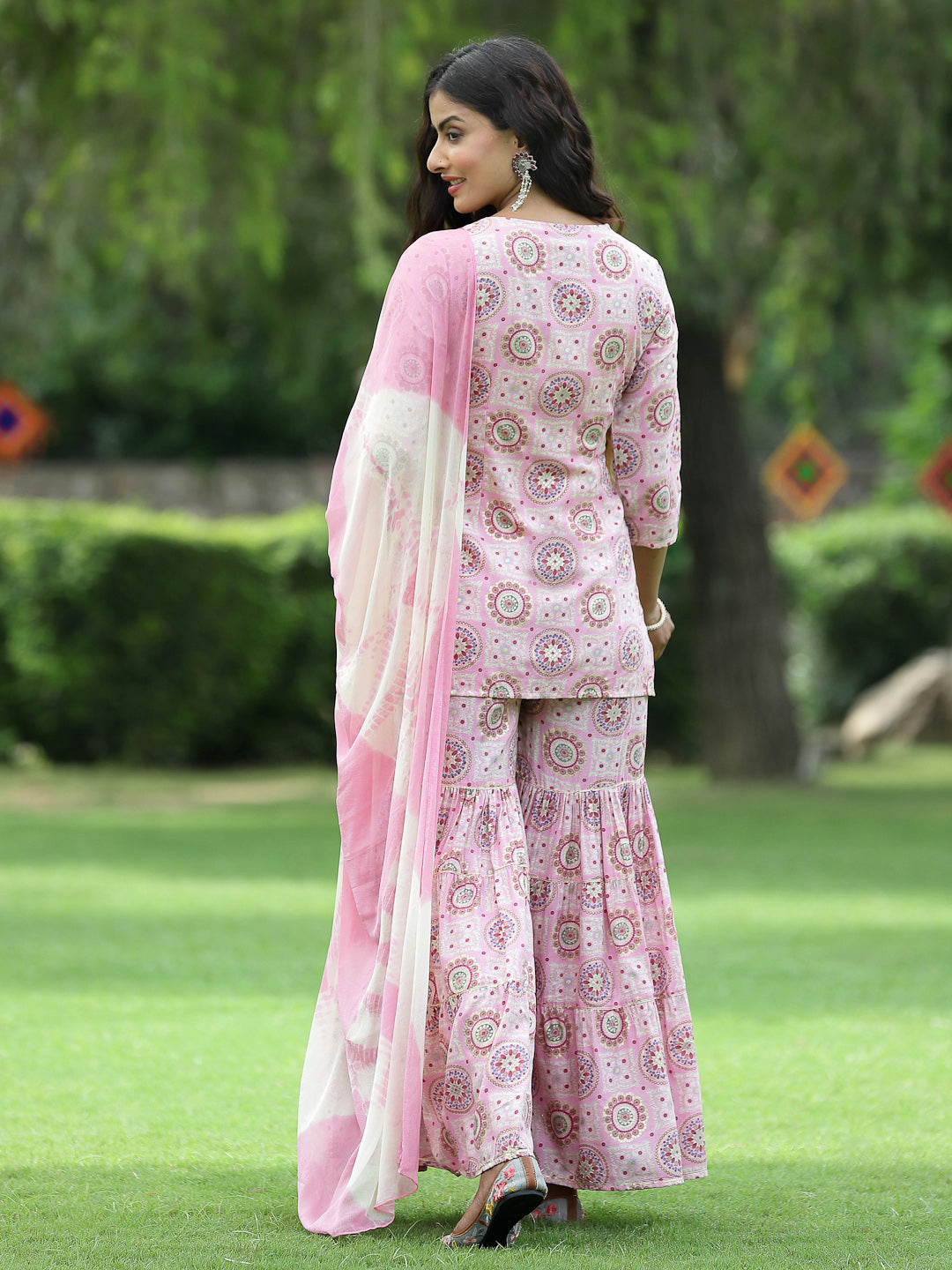 Women's Pink Muslin Festive Wear Mirror Work Straight Kurta Sharara Dupatta Set - Juniper