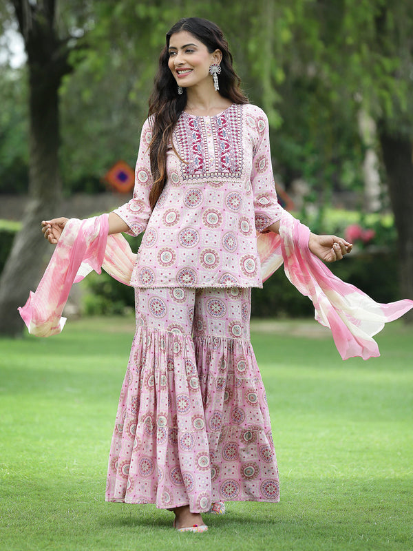 Jashvi Pink Geometric Printed & Embroidered Muslin Kurta Sharara & Chiffon Dupatta