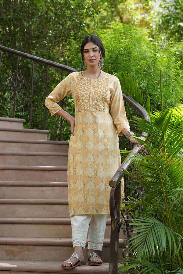 Women's  Beige Muslin Festive Wear Mirror Work Straight Kurta - Juniper