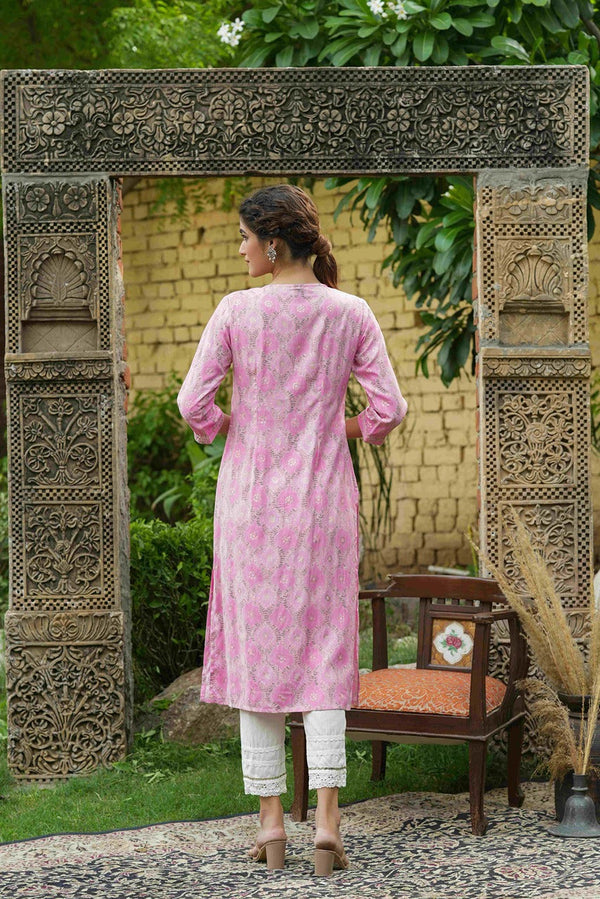 Women's  Pink Muslin Festive Wear Mirror Work Straight Kurta - Juniper