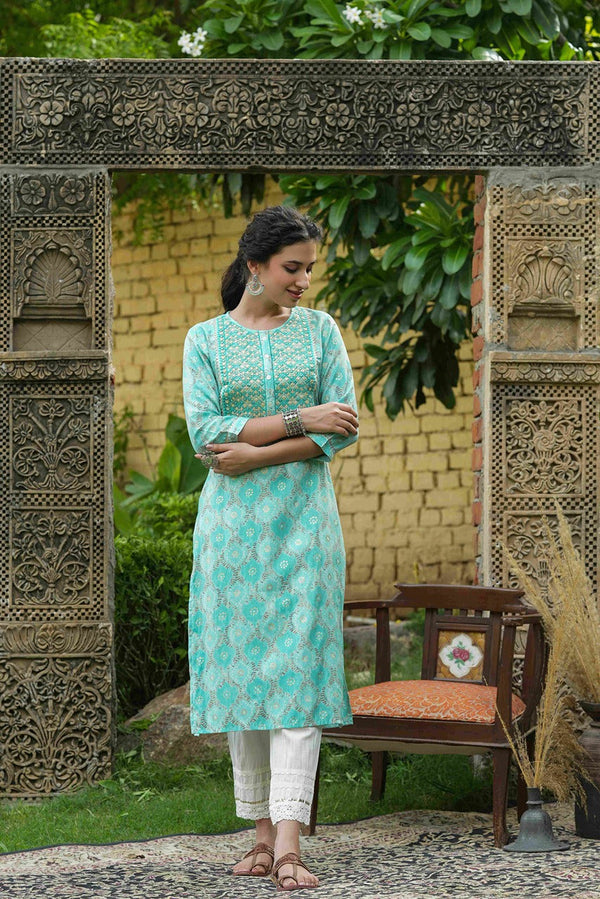 Women's  Skyblue Muslin Festive Wear Mirror Work Straight Kurta - Juniper