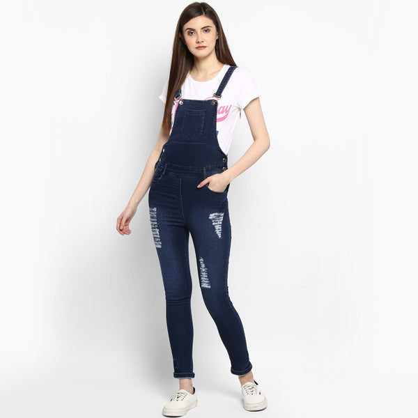 Women's Stretchable Denim Washed effect Capri Style Dungarees(inner not provided) - StyleStone