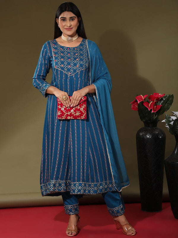 Women's Blue Printed Gotta Patti Kurta With Trousers & Dupatta - Noz2Toz