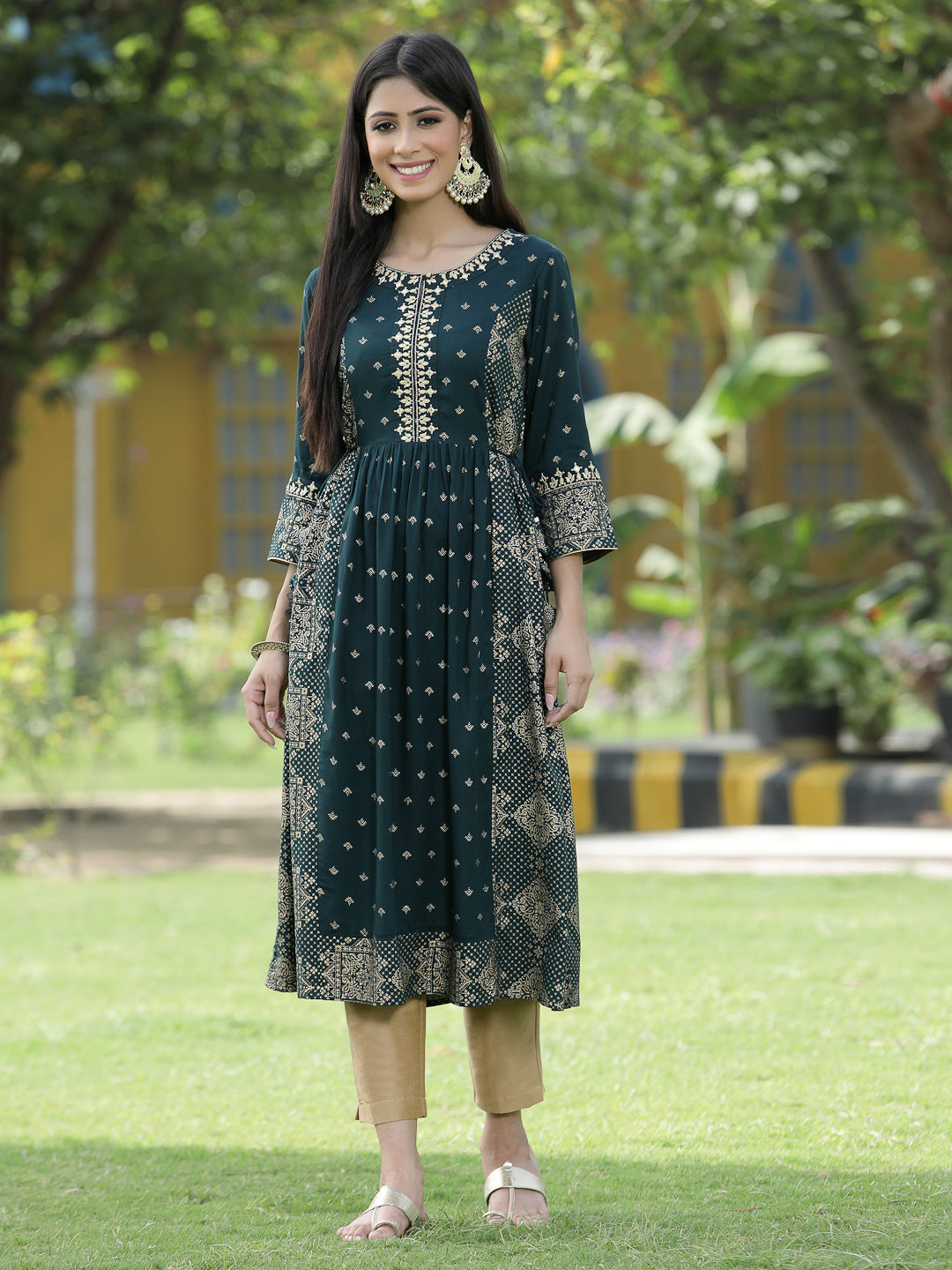 Women's Green Rayon Festive Wear Printed Flared Kurta - Juniper